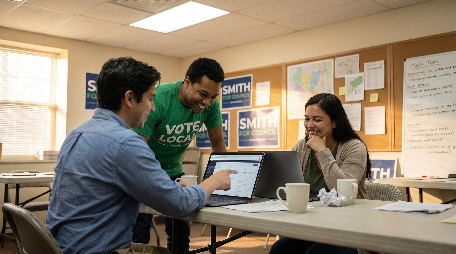 Campaign team reviewing results on a laptop
