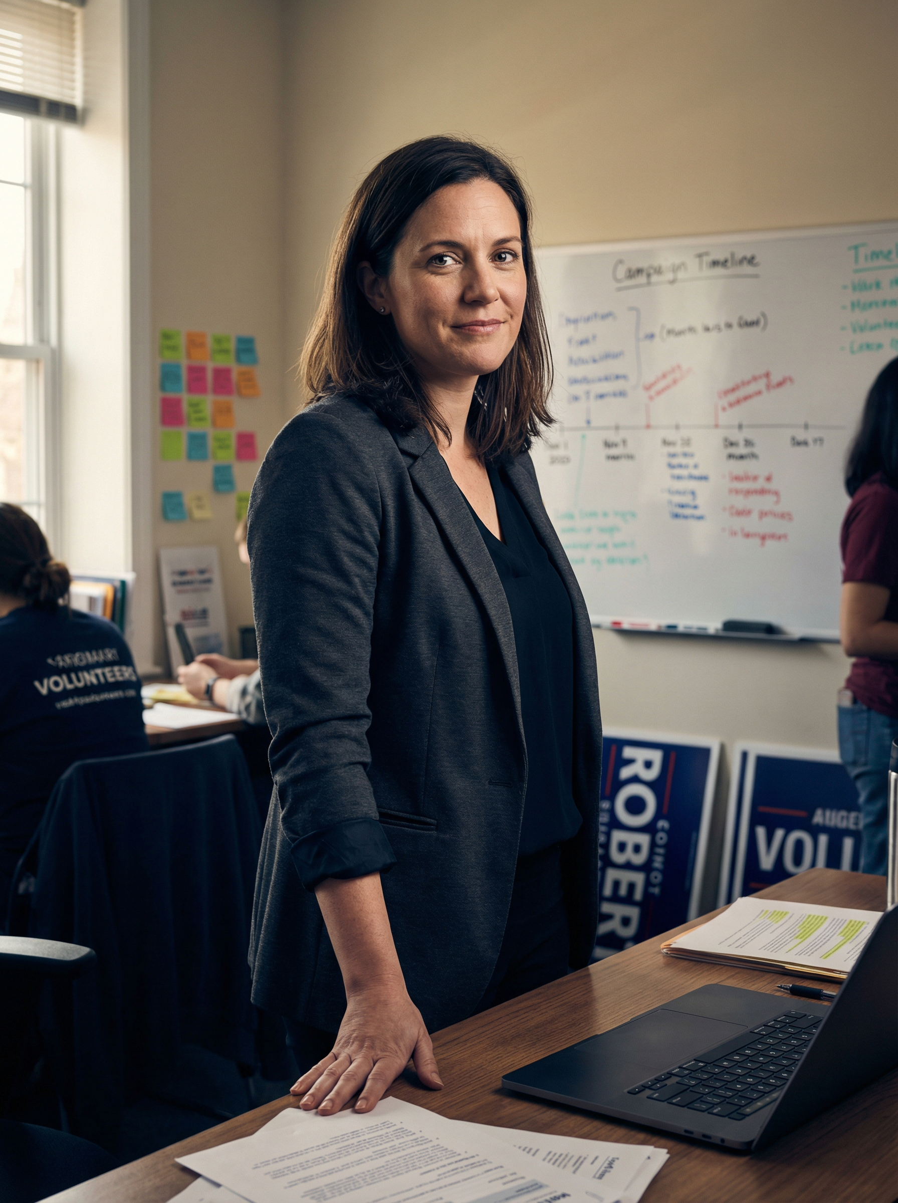 Campaign manager standing in a busy campaign headquarters with strategy whiteboard and yard signs